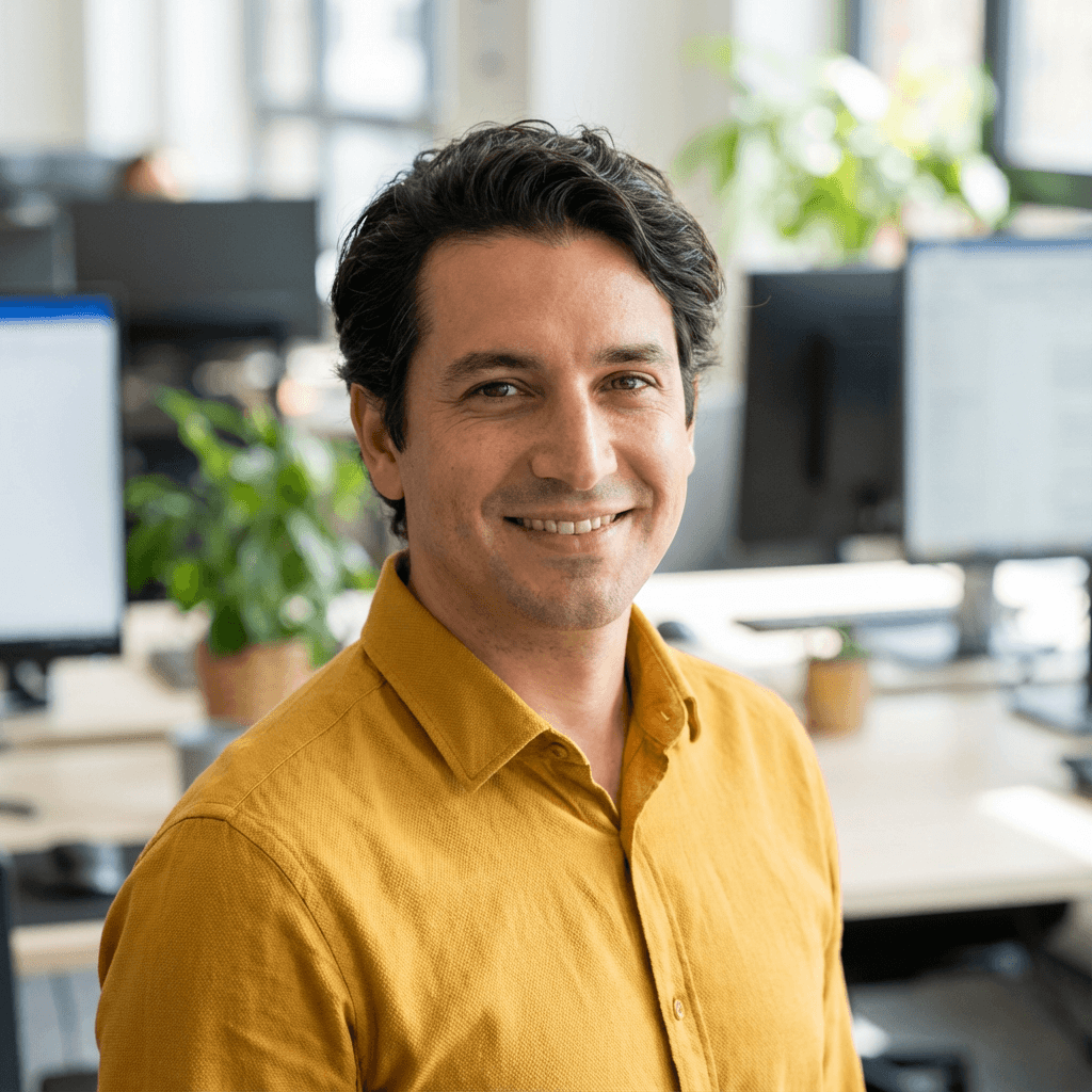 Male homeowner in his 40s, Hispanic, approachable and neat appearance, standing near a staircase