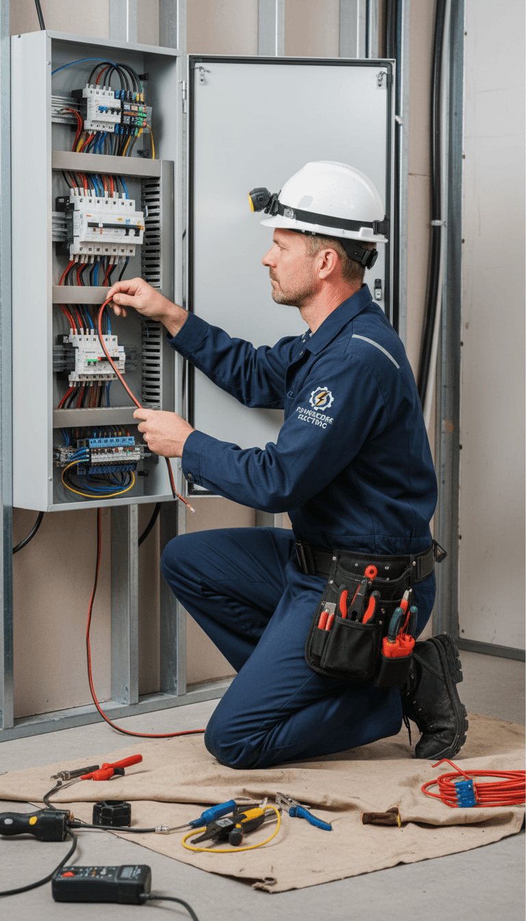 Electrician inspecting a residential electrical panel
