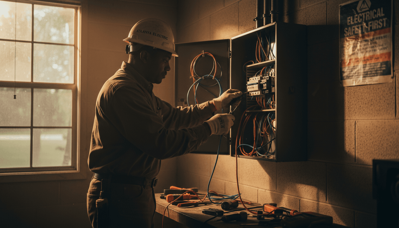 Electrician working on a residential breaker panel in Atlanta