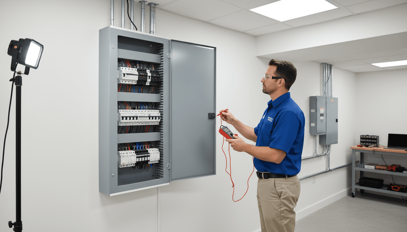 Electrician reviewing a new residential electrical panel in an Atlanta home