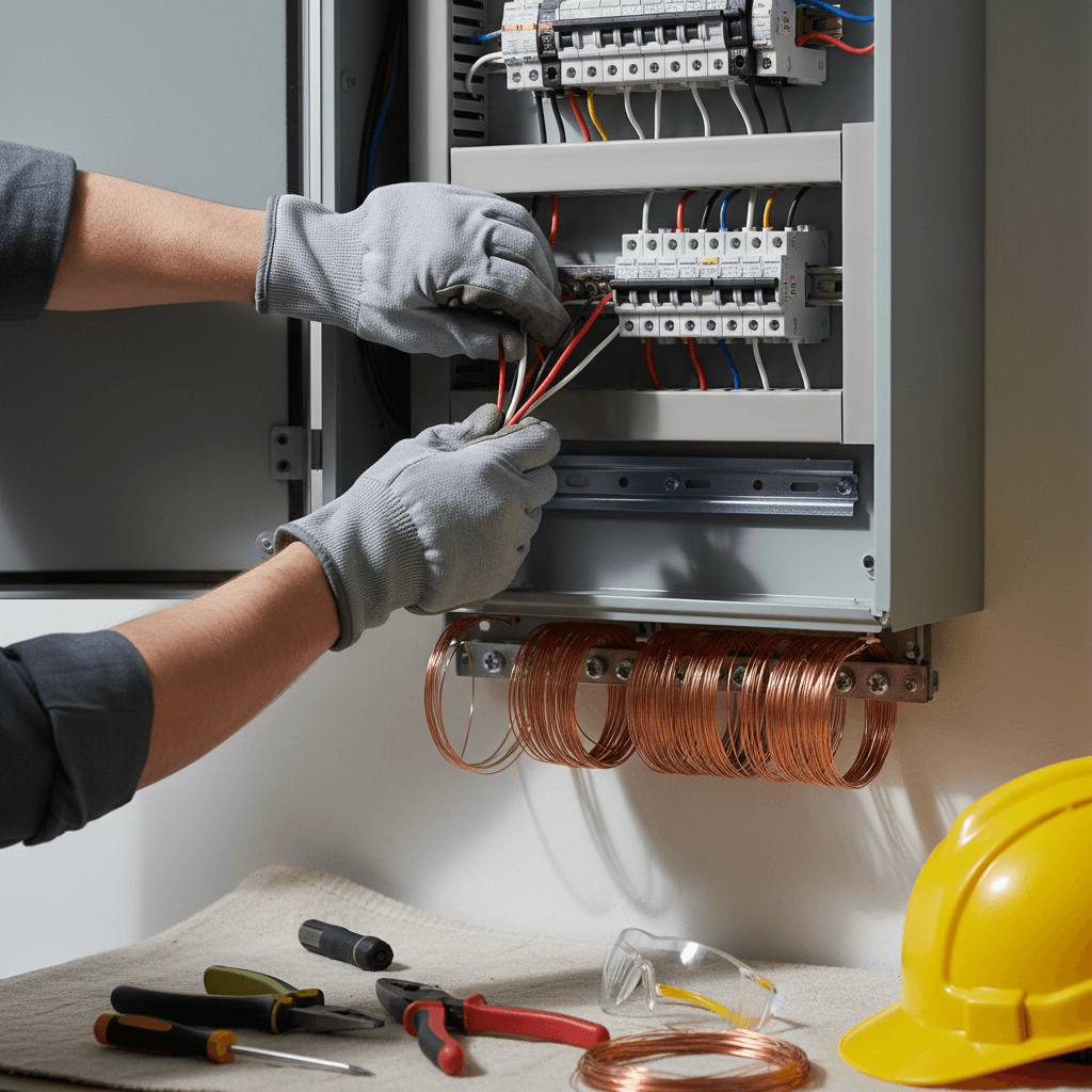 Newly installed electrical panel with clean wiring in a finished basement
